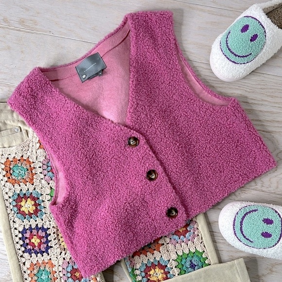 ANTHROPOLOGIE l Mauve Pink Rose Sherpa Fuzzy Oversized Vest Retro Pastel Fun OS - Picture 8 of 8